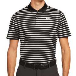 A black and white striped polo shirt with a black collar and a small Nike logo on the chest.
