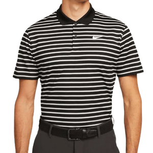 A black and white striped polo shirt with a black collar and a small Nike logo on the chest.