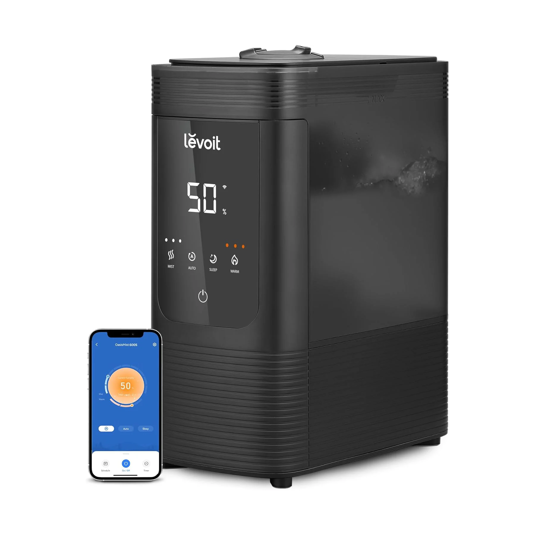 A Levoit humidifier with a digital display showing 50% humidity. Accompanied by a smartphone app interface for remote control and settings adjustment.