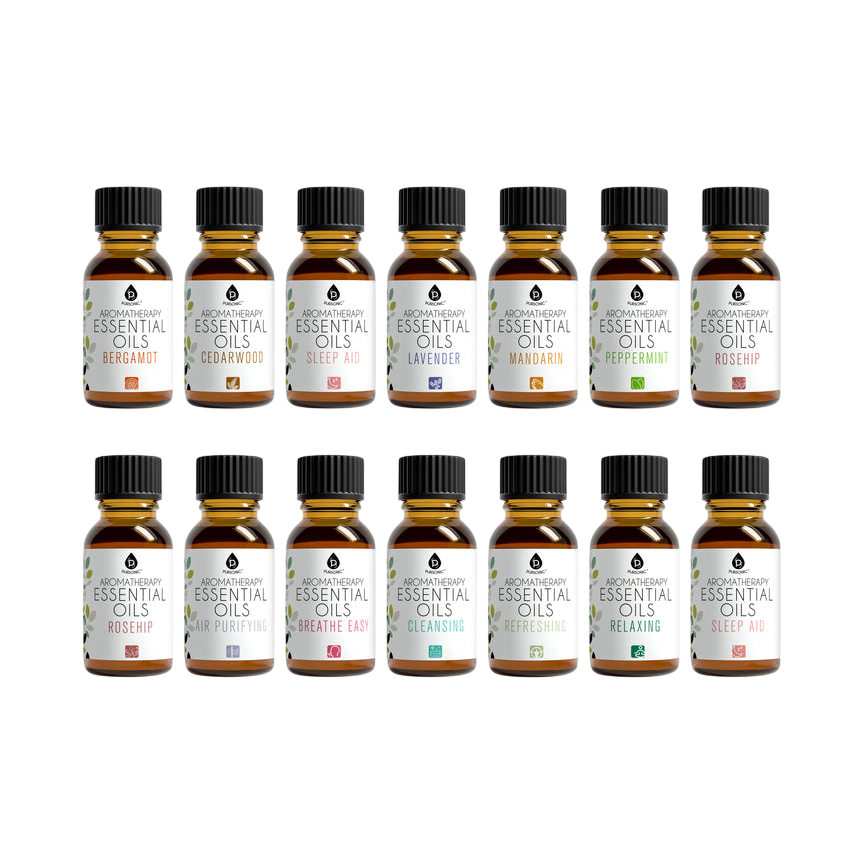 A set of 13 aromatherapy essential oils in small brown bottles, including scents like Bergamot, Cedarwood, Lavender, and Peppermint, are displayed in two rows.
