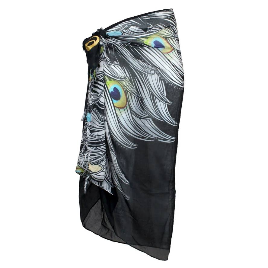 A black ASICS sarong cover-up with a vibrant peacock feather print tied at the side, creating a lightweight, stylish drape.