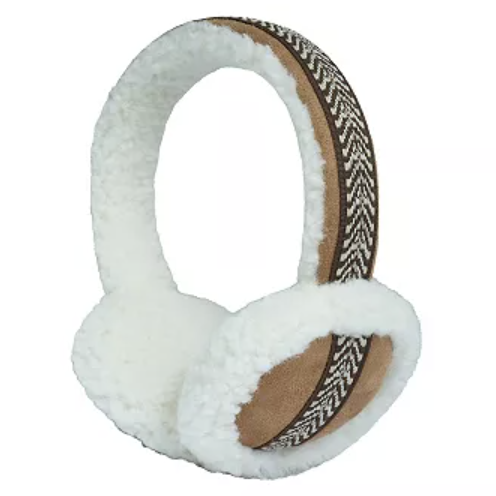 A pair of earmuffs with white fluffy ear coverings and a brown headband featuring a black and white chevron pattern.