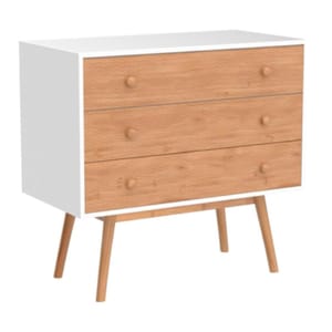 A mid-century modern style dresser with three bamboo drawers and a white frame, featuring simple wooden knobs. It stands on angled wooden legs, combining natural and minimalist design elements.