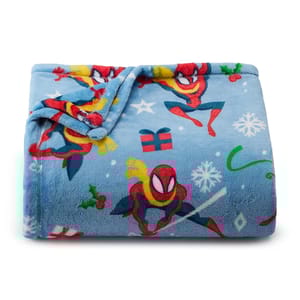 Blue plush throw featuring a holiday-themed design with Marvel superhero illustrations, including snowflakes and gift motifs.