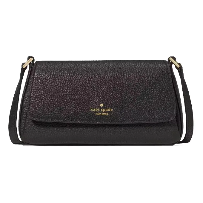 Black Kate Spade New York shoulder bag with a flap closure, featuring gold-tone logo and hardware.