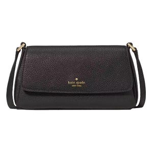 Black Kate Spade New York shoulder bag with a flap closure, featuring gold-tone logo and hardware.