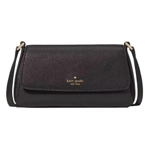 Black Kate Spade New York shoulder bag with a flap closure, featuring gold-tone logo and hardware.