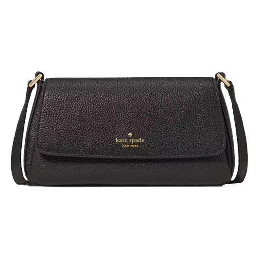 Black Kate Spade New York shoulder bag with a flap closure, featuring gold-tone logo and hardware.