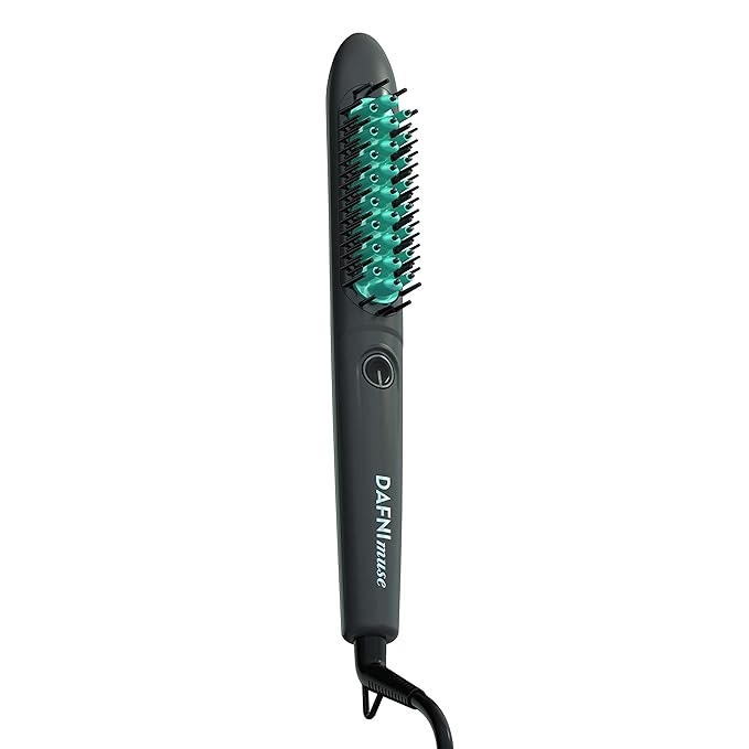 Electric hair straightening brush with a slender design, featuring a button for power control and bristles in a teal color.