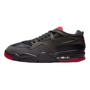 The Air Jordan 4 RM shoes feature a sleek black and grey design with red accents, highlighted by a combination of suede and mesh materials. They include a visible Air cushioning unit in the midsole for comfort and support.