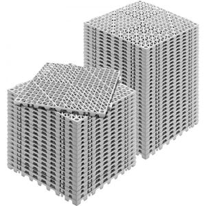 Two stacks of interlocking, perforated plastic crates with their matching lids placed atop them.