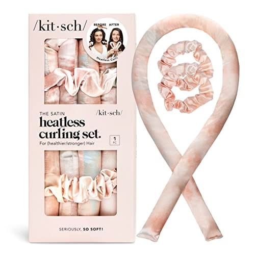 A satin curling ribbon with a scrunchie at each end and two additional hair ties, all in a pale pink color, packaged in a box with before and after photos of curled hair.