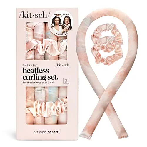 A satin curling ribbon with a scrunchie at each end and two additional hair ties, all in a pale pink color, packaged in a box with before and after photos of curled hair.