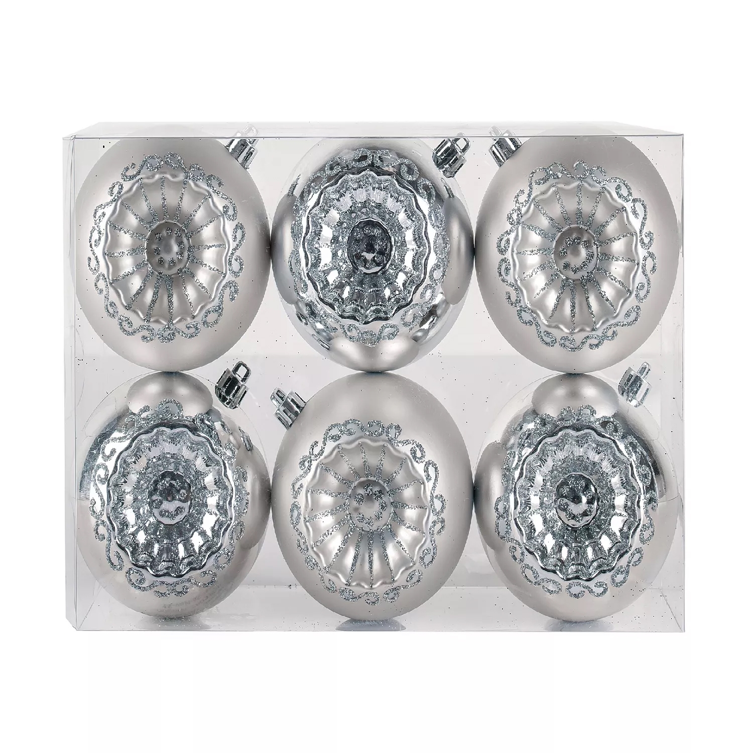 Set of six silver Christmas ornaments with intricate glitter patterns in a transparent box.