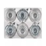 Set of six silver Christmas ornaments with intricate glitter patterns in a transparent box.