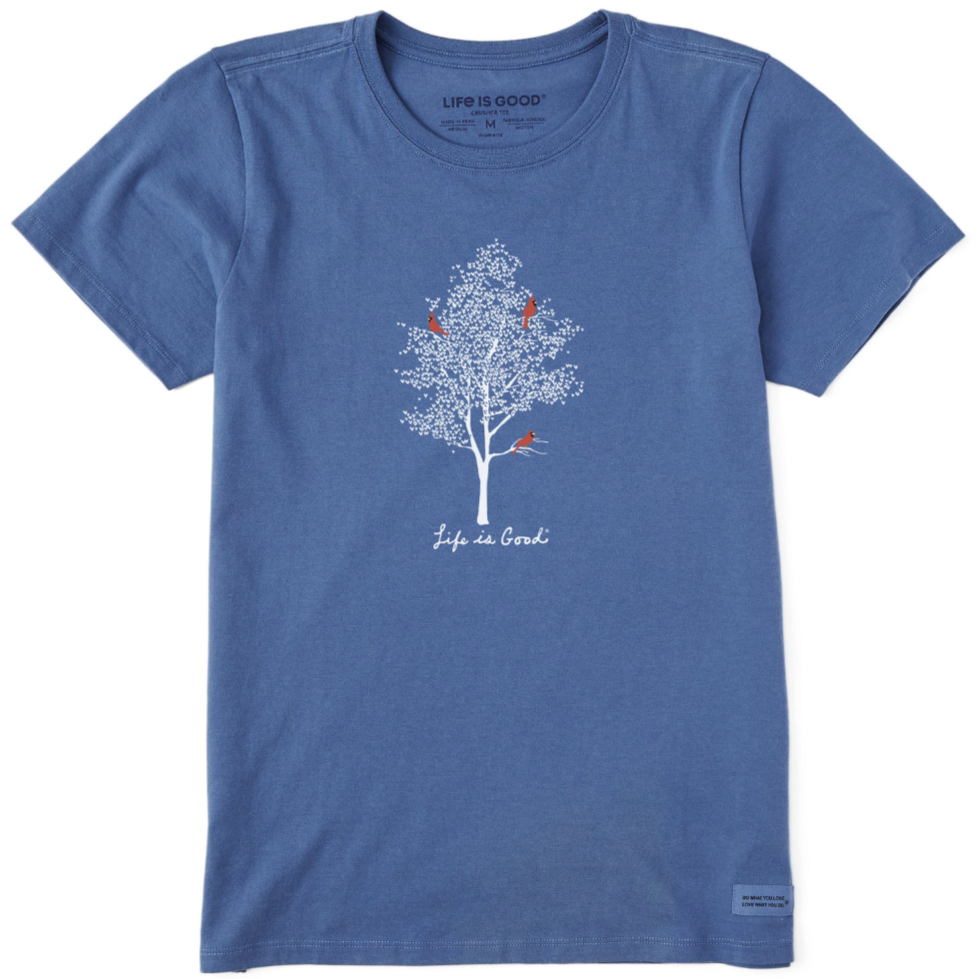Blue T-shirt with a white tree graphic featuring red birds. Text below reads \“Life is Good.\“