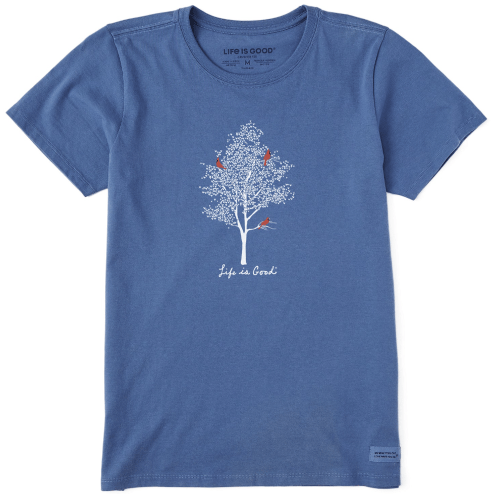 Blue T-shirt with a white tree graphic featuring red birds. Text below reads \“Life is Good.\“