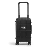 A black rolling suitcase from The North Face with a grid pattern, featuring a telescopic handle labeled \“Never Stop Exploring\“ and four wheels for easy mobility.