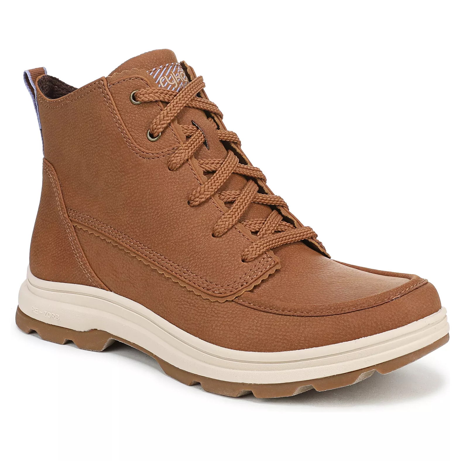 Brown high-top sneaker with textured material, lace-up design, and a contrasting white sole.