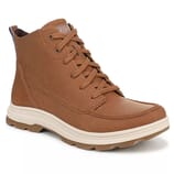 Brown high-top sneaker with textured material, lace-up design, and a contrasting white sole.