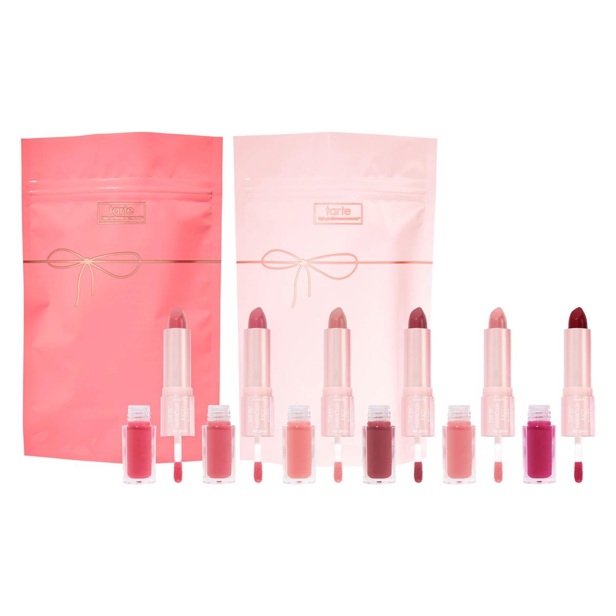 Tarte Maracuja Juicy Lip Sculptors 6-piece set includes dual-ended lip products with lipsticks and matching glosses, featuring a range of colors from pinks to reds. Each item is presented with pink and rose-colored packaging.