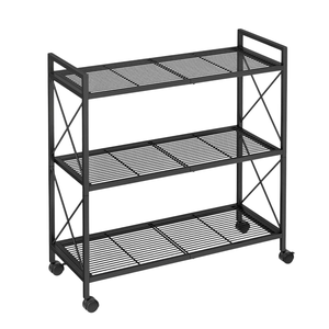 Black metal rolling cart with three slatted shelves and cross-brace design, equipped with four wheels for easy mobility.