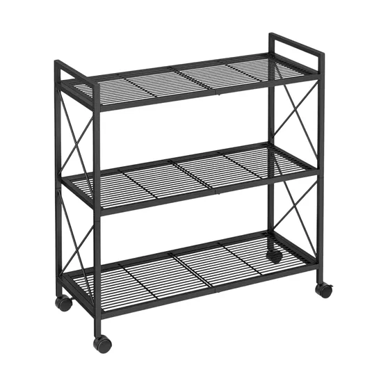 Black metal rolling cart with three slatted shelves and cross-brace design, equipped with four wheels for easy mobility.