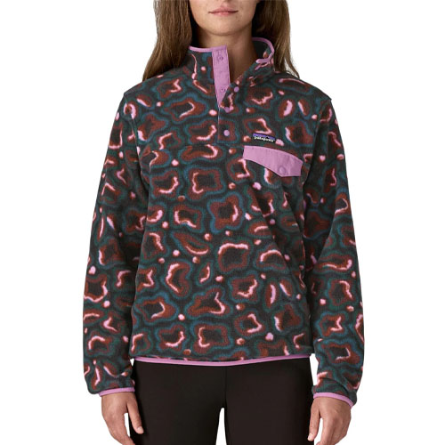 Fleece pullover with a green and pink abstract pattern, featuring a purple snap-button placket and chest pocket flap.