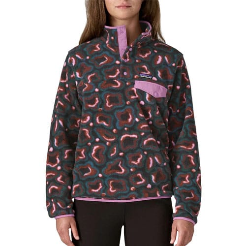 Fleece pullover with a green and pink abstract pattern, featuring a purple snap-button placket and chest pocket flap.
