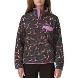 Fleece pullover with a green and pink abstract pattern, featuring a purple snap-button placket and chest pocket flap.