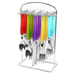 20-piece flatware set with colorful handles (red, green, purple, yellow, blue) includes spoons, forks, and knives hanging on a metal rack.