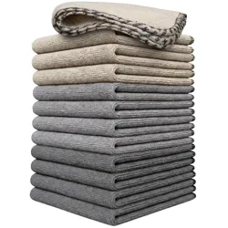 A stack of beige and gray microfiber towels is shown, with the top towel featuring a patterned edge.