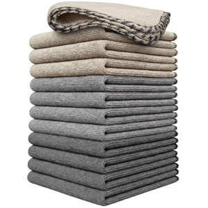 A stack of beige and gray microfiber towels is shown, with the top towel featuring a patterned edge.