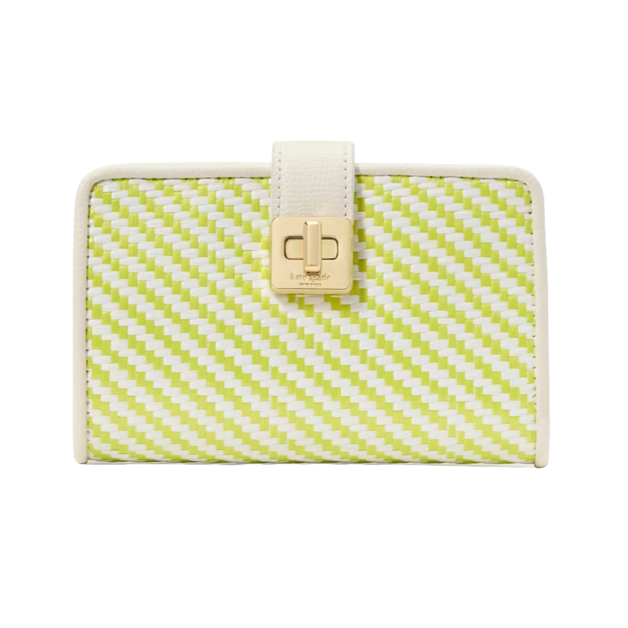 Kate Spade Phoebe Wallet features a green and white woven pattern with a gold clasp and cream trim.