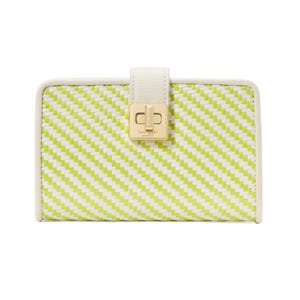 Kate Spade Phoebe Wallet features a green and white woven pattern with a gold clasp and cream trim.