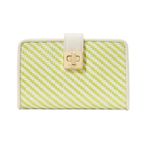 Kate Spade Phoebe Wallet features a green and white woven pattern with a gold clasp and cream trim.