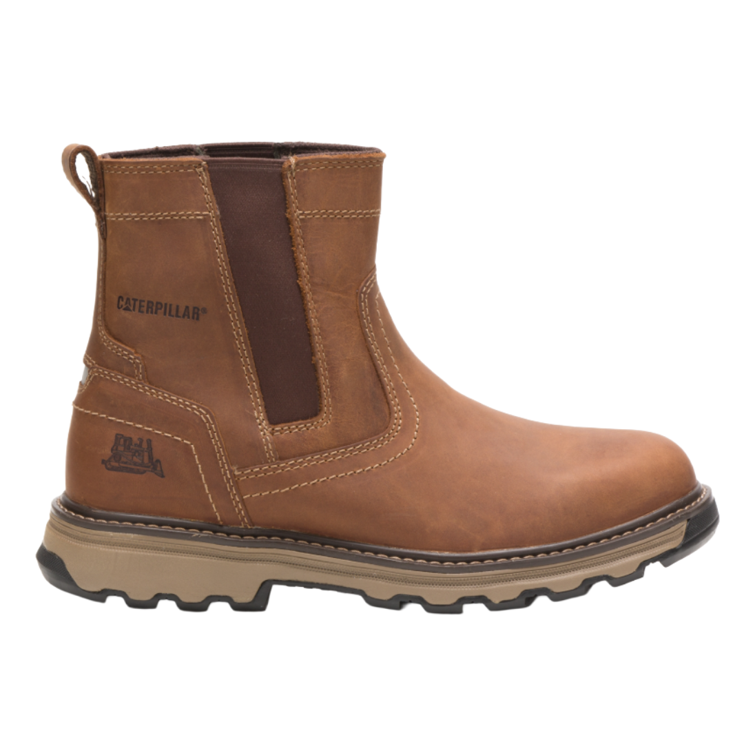 Brown slip-on work boot with elastic side panels, branded \“Caterpillar,\“ featuring a rugged sole and reinforced stitching.