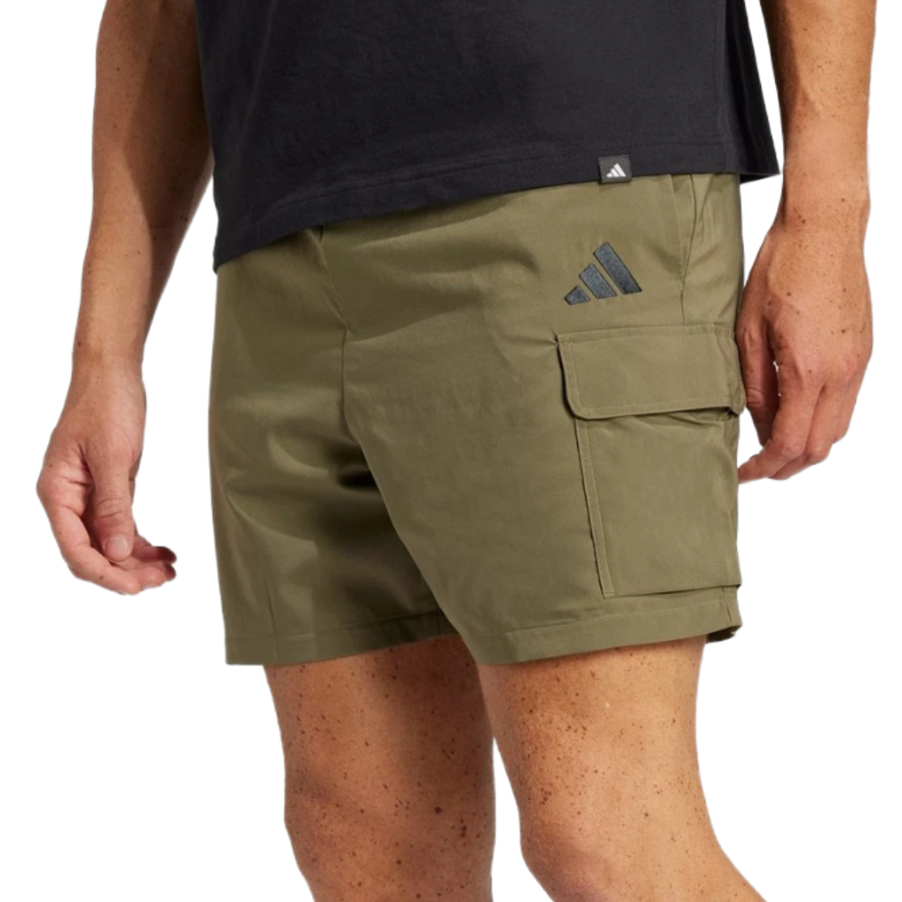 Khaki cargo shorts with a side pocket and black logo, worn with a black T-shirt.