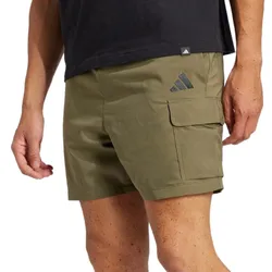 Khaki cargo shorts with a side pocket and black logo, worn with a black T-shirt.