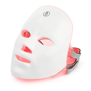 A white LED light therapy mask designed for skincare, featuring eye and mouth cutouts and adjustable straps.