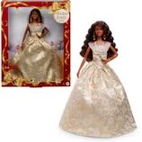 Holiday Barbie 2025 in a gold and white brocade gown, boxed with a festive red and gold design.