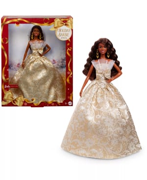Holiday Barbie 2025 in a gold and white brocade gown, boxed with a festive red and gold design.