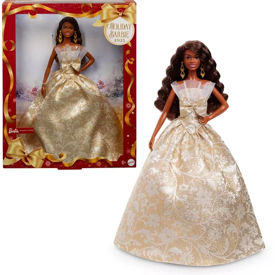 Holiday Barbie 2025 in a gold and white brocade gown, boxed with a festive red and gold design.