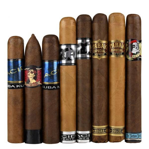 The 8-pack Drew Estate Cigar Sampler includes cigars such as Acid Kuba Kuba, Leather Rose, and Tabak Especial, featuring varied wrappers and distinct flavor profiles.