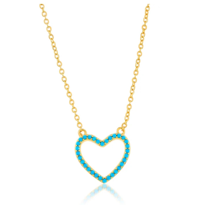 Gold chain necklace with a heart-shaped pendant encrusted with small turquoise stones.