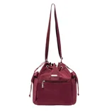 A maroon drawstring shoulder bag with external zip pocket and side pockets, featuring a long adjustable strap and metal hardware accents.