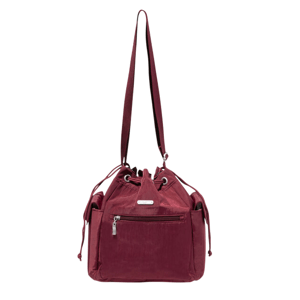 A maroon drawstring shoulder bag with external zip pocket and side pockets, featuring a long adjustable strap and metal hardware accents.