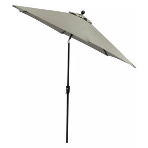 A 9-foot beige patio umbrella with a black pole featuring a crank handle for easy opening and adjusting.