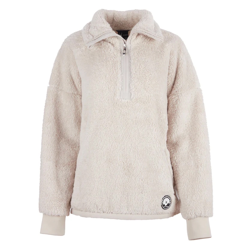 A beige sherpa pullover with a half-zip front and a high collar. Features a small logo patch near the hem.