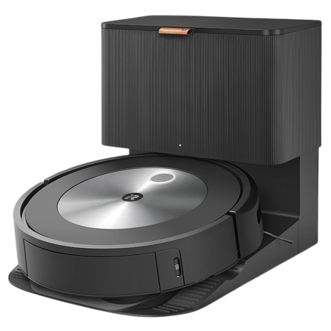 A robotic vacuum cleaner with a docking station and a smartphone with the iRobot app displayed.